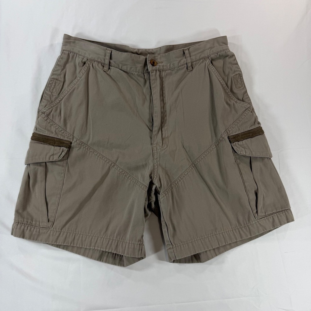 Cabelas Mens 32 Cargo Shorts Tan Khaki Cotton Canvas Nubuck Leather Trim 900855